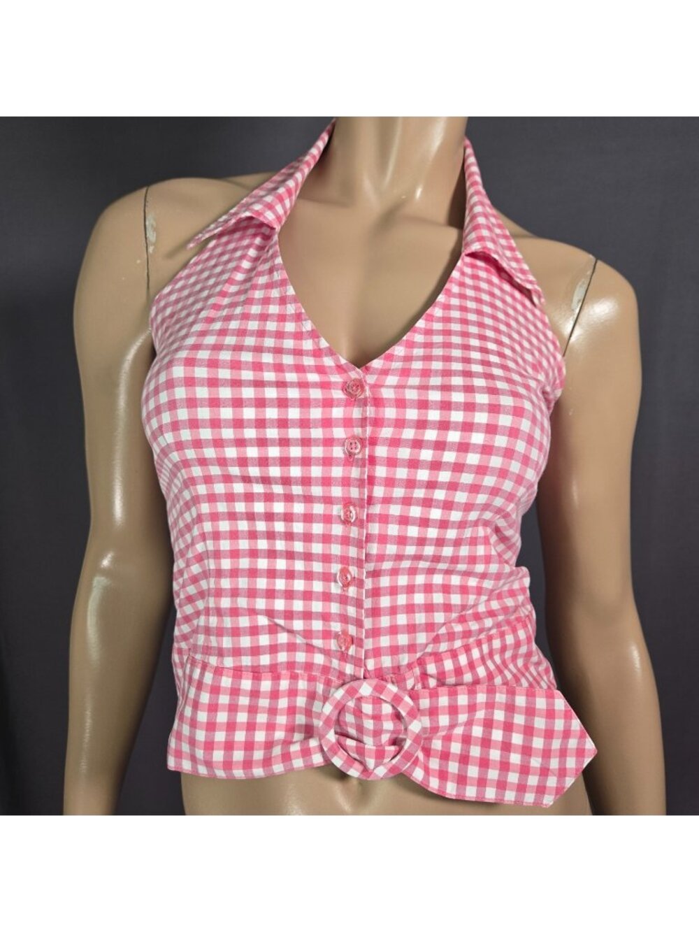 Vintage Y2k Pink Gingham Halter Crop Top With Buckle Size M Coquette Cottagecore